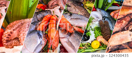 Seafood Dish Collage with Fish, Shrimp, Mussels, Octopus, and Squid Seafood Dish Collage with Fish, Shrimp, Mussels, Octopus, and Squid 124300435