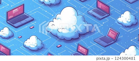 Isometric graphic depicting cloud computing and technology network devices 124300481