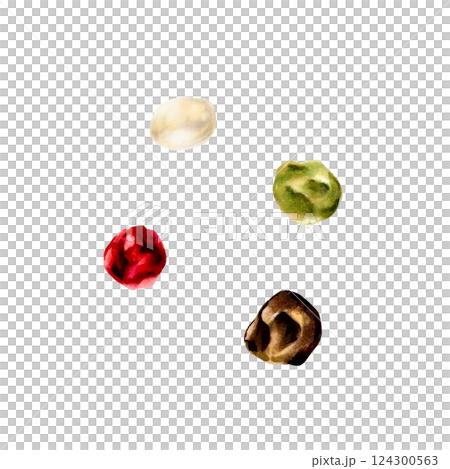 Pepper mix. Black, red, white and allspice. Watercolor hand drawn aromatic seeds, spice illustration isolated on transparent background. For designers, menu, decoration, food blog, ecofriendly 124300563