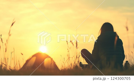 夕日を眺めるカップル 124300705