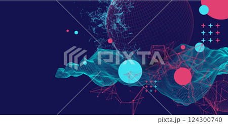 Science fiction background. Abstract image of wireframe wave and sphere with plexus effect. Science fiction background. Abstract image of wireframe wave and sphere with plexus effect. 124300740