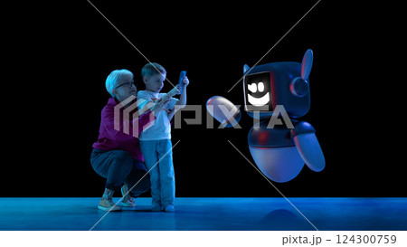 Composite image of grandmother and boy child with phone interacting with 3D model of robot, representing intergenerational tech engagement Composite image of grandmother and boy child with phone interacting with 3D model of robot, representing intergenerational tech engagement 124300759