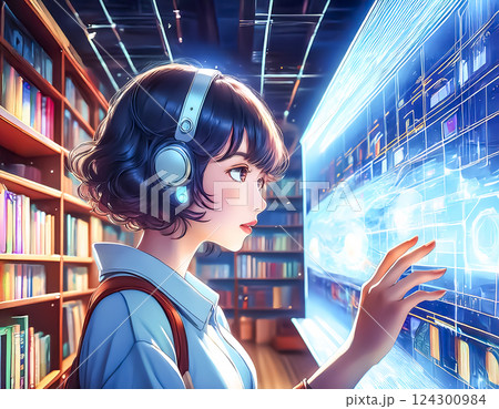 図書館で情報を探す学生のイラスト素材 図書館で情報を探す学生のイラスト素材 124300984