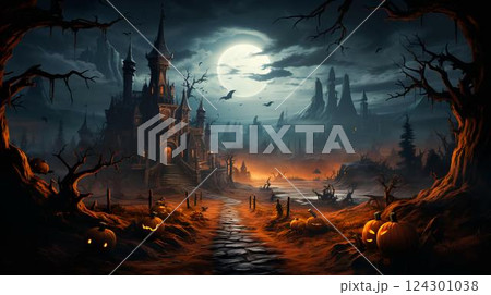 Castle and pumpkins with scary faces at night in the forest for the holiday of Halloween 124301038