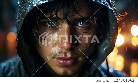 A young man in a hood in the evening in the rain, close-up of his face 124301062