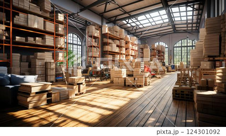Large spacious warehouse with goods in cardboard boxes. The concept of logistics for storing and delivering goods around the world Large spacious warehouse with goods in cardboard boxes. The concept of logistics for storing and delivering goods around the world 124301092