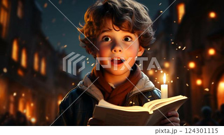 A children singer of caroler hands holding candle and book on celebration of Christmas day A children singer of caroler hands holding candle and book on celebration of Christmas day 124301115