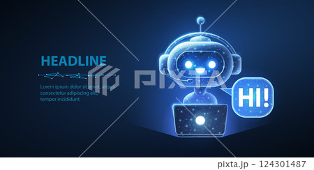 Abstract digital robot assistant. Chatbot AI, virtual service, customer support. Abstract digital robot assistant. Chatbot AI, virtual service, customer support. 124301487