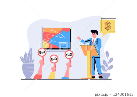Auction web concept with cartoon people design. Auctioneer selling painting, byers bidding and buying, collectors investment money in artworks. Flat vector illustration isolated on white background. 124301613