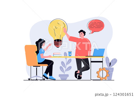 Brainstorming web concept with cartoon people design. Woman and man generating new ideas, finding solutions for developing business project. Flat vector illustration isolated on white background. 124301651