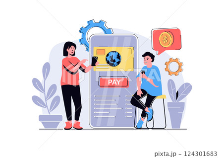 Online payment web concept with cartoon people design. Man and woman paying purchases with credit card, sending money in mobile banking app. Flat vector illustration isolated on white background. Online payment web concept with cartoon people design. Man and woman paying purchases with credit card, sending money in mobile banking app. Flat vector illustration isolated on white background. 124301683