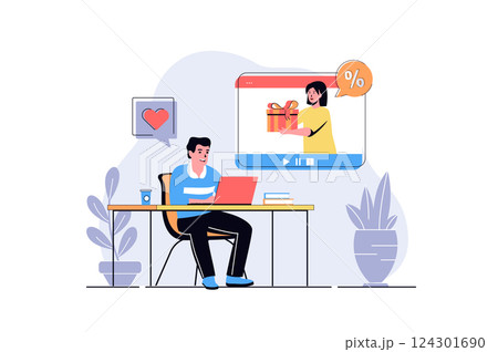 Video marketing web concept with cartoon people design. Man watching video content, influencer advertising brand, offering gifts and discounts. Flat vector illustration isolated on white background. 124301690