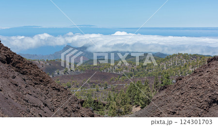 Mountain landscape. View of the clouds from the top of the mountain Mountain landscape. View of the clouds from the top of the mountain 124301703
