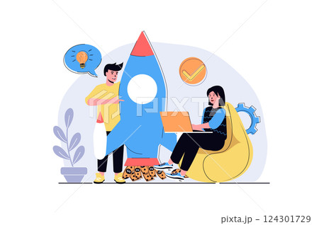 Business startup web concept with cartoon people design. Man and woman launching new business, investing money, develop success project together. Flat vector illustration isolated on white background. Business startup web concept with cartoon people design. Man and woman launching new business, investing money, develop success project together. Flat vector illustration isolated on white background. 124301729