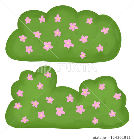 hand drawn watercolor illustration of green summer spring bush shrub lush foliage brown trunk bushe flowers sky clouds. For forest wood woodland adventure pictures. landscape design element. Eco hand drawn watercolor illustration of green summer spring bush shrub lush foliage brown trunk bushe flowers sky clouds. For forest wood woodland adventure pictures. landscape design element. Eco 124301911