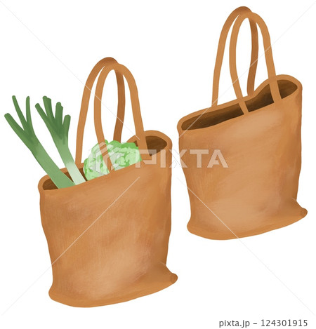 Hand drawn illustration of two shopping tote bags, empty and with fresh organic vegetables. Shop shopping vegan vegetarian leeks cabbage design, cooking diet ingredient eco meal. 124301915