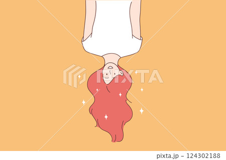 A Whimsical and Charming Illustration Featuring a Girl with Long, Flowing Hair in a Dreamy Style 124302188