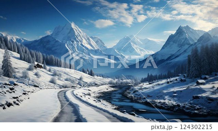 Snowy winter landscape with road trees and mountains 124302215