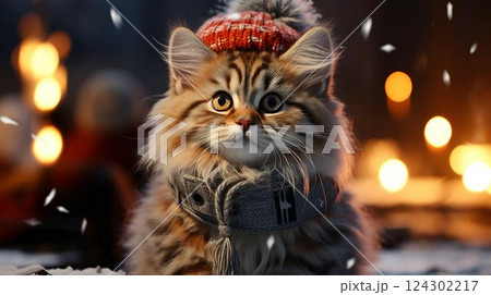 A small cat in a warm hat in winter under the snow with a blurred background for the New Year and Christmas holiday A small cat in a warm hat in winter under the snow with a blurred background for the New Year and Christmas holiday 124302217