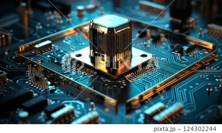 Computer electronic chip with processor, transistors, resistors and microchips. Abstract hi-tech background 124302244
