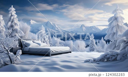 Large double bed in nature in cold winter in the snow frosty freshness 124302283