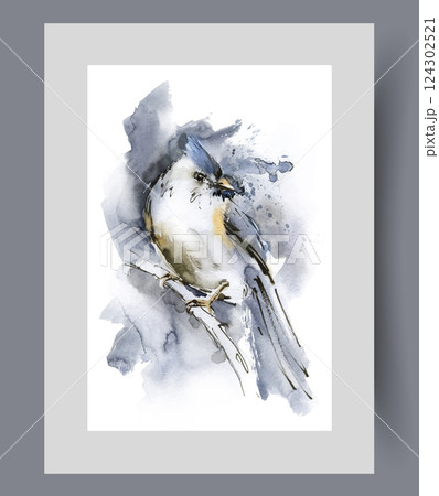 Lark bird with long tail and crest on its head sits on tree branch on print. Watercolor artwork 124302521