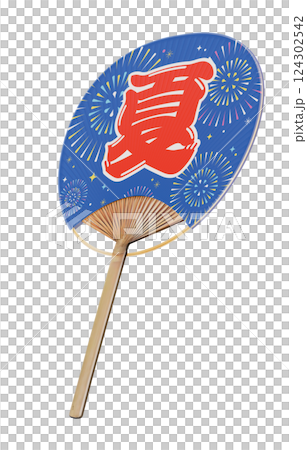 夏祭りの青いうちわ　花火のイラストが背景にある。 124302542