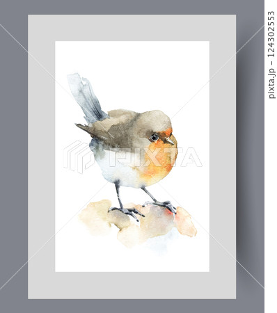 Tit bird with yellow belly and long legs sat on ground on print. Watercolor artwork 124302553