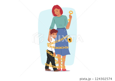 Problem overprotection is that woman ties child with chain to herself, out of desire to protect son 124302574