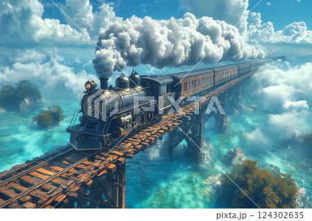 夏の綺麗な海を走る列車 124302635