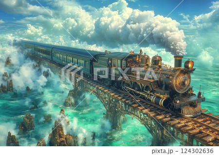 夏の綺麗な海を走る列車 124302636