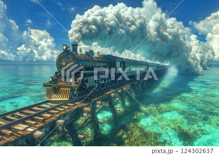 夏の綺麗な海を走る列車 124302637