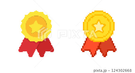 Award Medal Pixelated Icon Set. Pixel Art Symbol Collection Of Award Medals With Stars And Ribbon Accents. Isolated Vector Illustration Award Medal Pixelated Icon Set. Pixel Art Symbol Collection Of Award Medals With Stars And Ribbon Accents. Isolated Vector Illustration 124302668