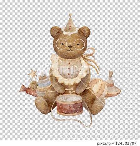 Teddy bear sits playing the drum. Watercolor children's illustration of vintage toys hand drawn in cartoon style on an isolated for the design of greeting cards, Christmas invitations, posters clothes Teddy bear sits playing the drum. Watercolor children's illustration of vintage toys hand drawn in cartoon style on an isolated for the design of greeting cards, Christmas invitations, posters clothes 124302707