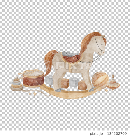 Watercolor composition vintage toys horse swing, pyramid, cubes, ball, drum. Children's illustration hand drawn in cartoon style on isolated for design greeting cards, invitations, posters clothes 124302709