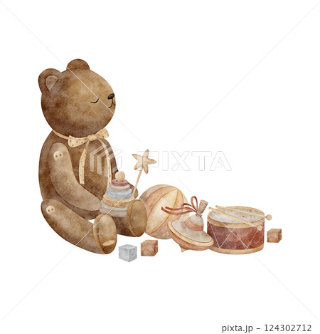 Teddy bear playing vintage toys drum, pyramid, cubes, ball. Watercolor composition illustration hand drawn in cartoon style on isolated for design of children's cards, invitations, posters, clothes 124302712