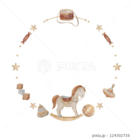 Watercolor wreath of baby toys horse swing, drum, ball, spinning top. Hand drawn illustration in vintage style on isolated background copy space for cards, kids invitations, birthday, baby shower 124302738