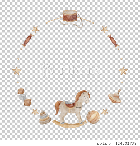 Watercolor wreath of baby toys horse swing, drum, ball, spinning top. Hand drawn illustration in vintage style on isolated background copy space for cards, kids invitations, birthday, baby shower 124302738