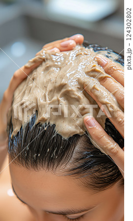 close up of person applying creamy hair mask to their scalp for nourishment and care 124302802