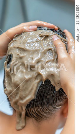 close up of person applying creamy hair mask to their scalp for nourishment 124302804
