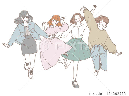 ジャンプしている若い女性たちのイラスト ジャンプしている若い女性たちのイラスト 124302933