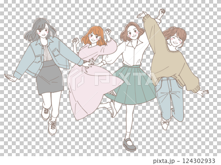 年輕女子跳躍的插圖 124302933