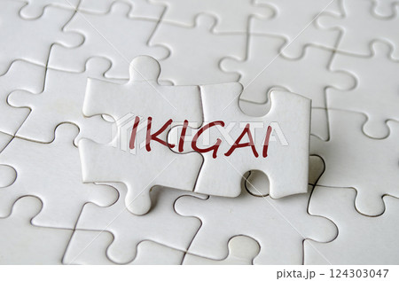 Ikigai text on jigsaw puzzle that represent personal fulfillment and work-life balance. 124303047