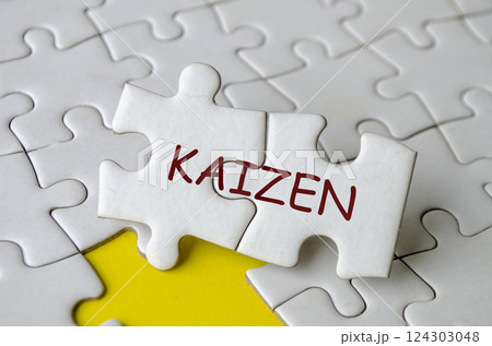 Kaizen text on jigsaw puzzle that represent change for the better by small, steady, cumulative gains 124303048