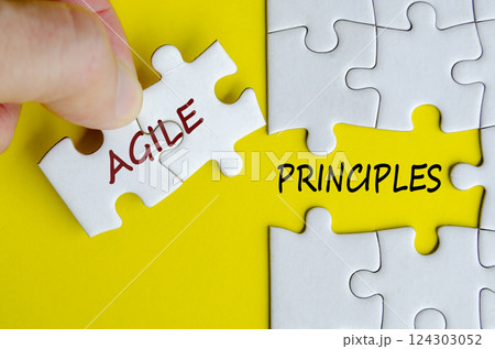 Agile Principles text on jigsaw puzzle representing flexible project delivery concept Agile Principles text on jigsaw puzzle representing flexible project delivery concept 124303052