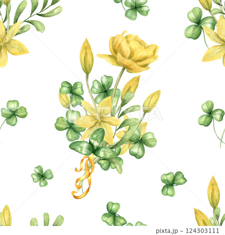Spring yellow tulips, green clover leaves with golden ribbon seamless pattern isolated background. Primrose flowers bouquet watercolor illustration for mother day textile, birthday wrapping paper 124303111