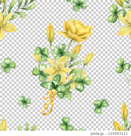 Spring yellow tulips, green clover leaves with golden ribbon seamless pattern isolated background. Primrose flowers bouquet watercolor illustration for mother day textile, birthday wrapping paper 124303111