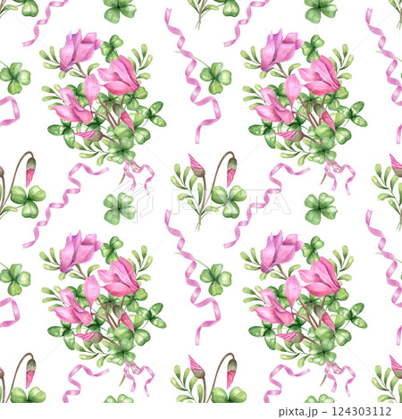 Bouquets of pink cyclamen, clover leaves and herbs with pink ribbon seamless pattern isolated background. Spring flowers watercolor illustration for textile, wrapping paper, stationery design 124303112