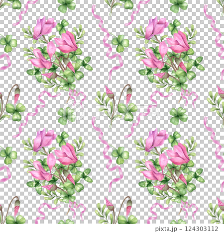 Bouquets of pink cyclamen, clover leaves and herbs with pink ribbon seamless pattern isolated background. Spring flowers watercolor illustration for textile, wrapping paper, stationery design 124303112
