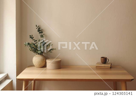 Textured clay vase with olive eucalyptus tree branches. Old books, round gift box. Home office table at window. Cup of tea, coffee. Minimal Scandi interior. Beige wall mockup background, copy space. 124303141